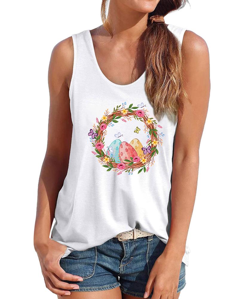 

Easter Eggs Print Graphic Tee Casual Tank Top, White