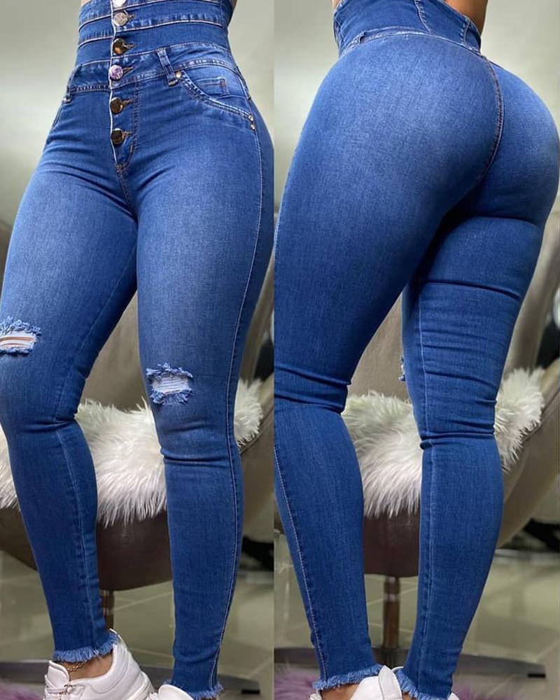 

High Waist Button Fly Ripped Raw Hem Skinny Jeans, Blue