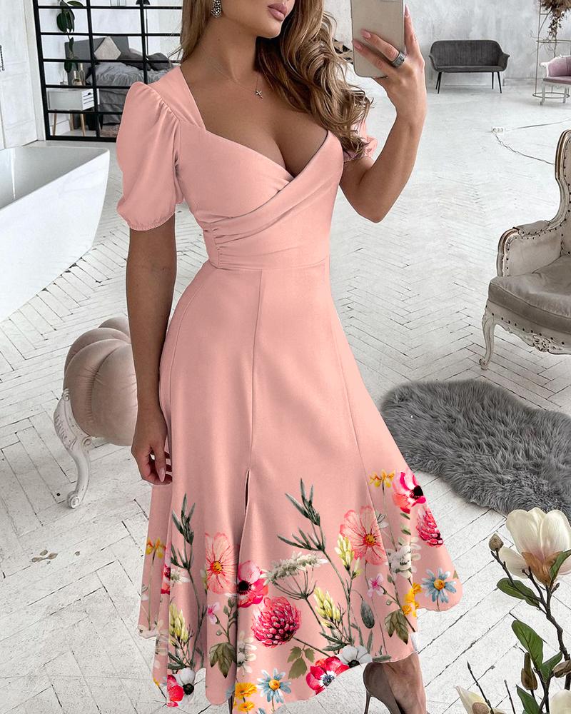 

Floral Print V-Neck Zipper Slit Backless Dress, Pink