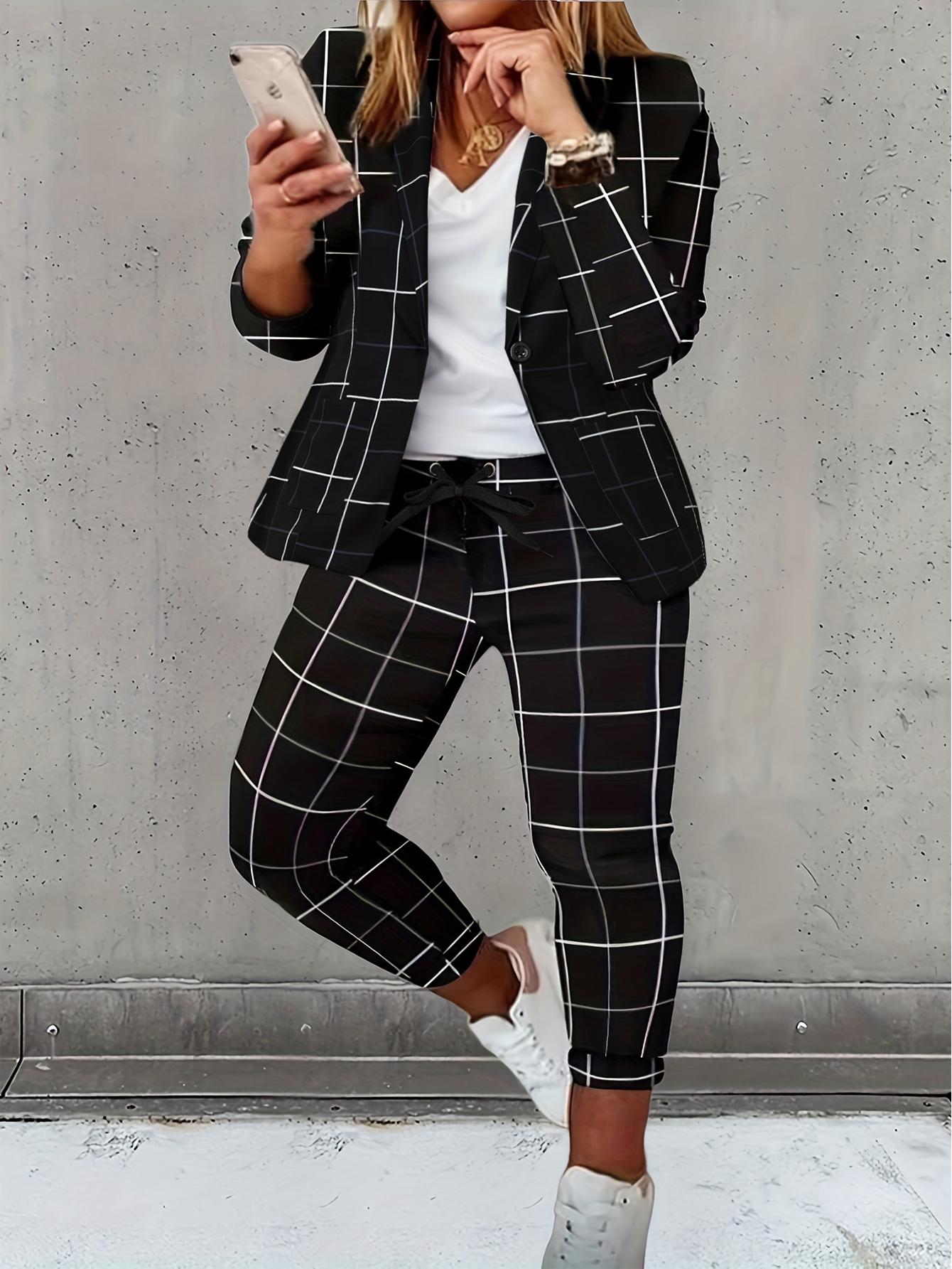 

Plus Size Plaid Print Shawl Collar Blazer Coat & Pants Set, Black