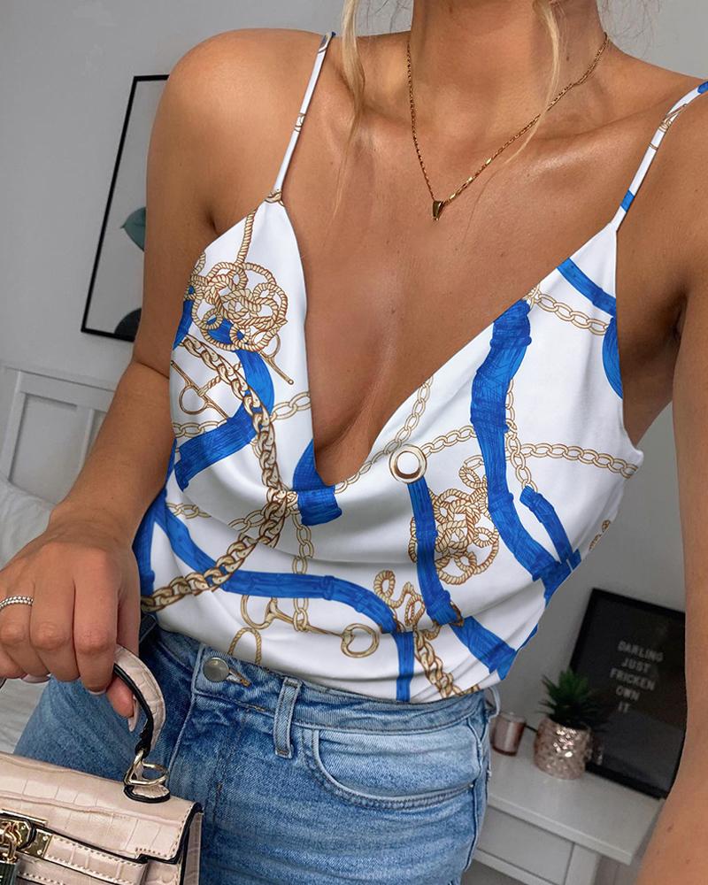 

Cowl Neck Chain Print Spaghetti Strap Women Top, White