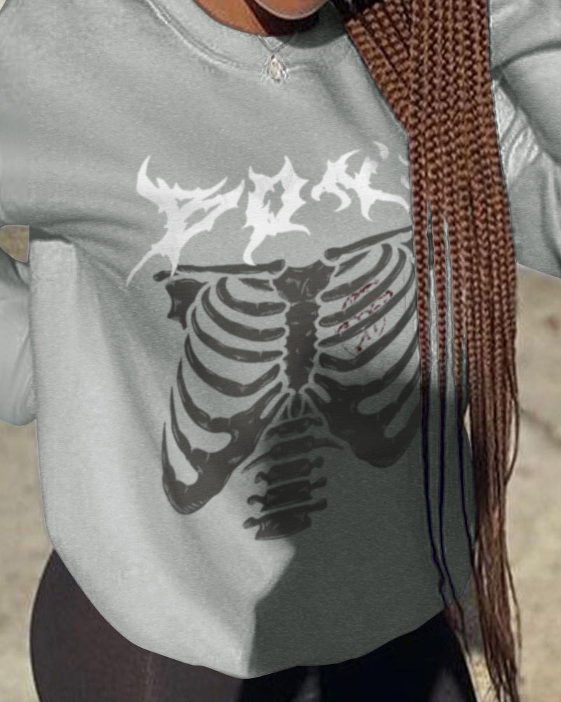 

Plus Size Halloween Skeleton Print Long Sleeve Sweatshirt, Gray