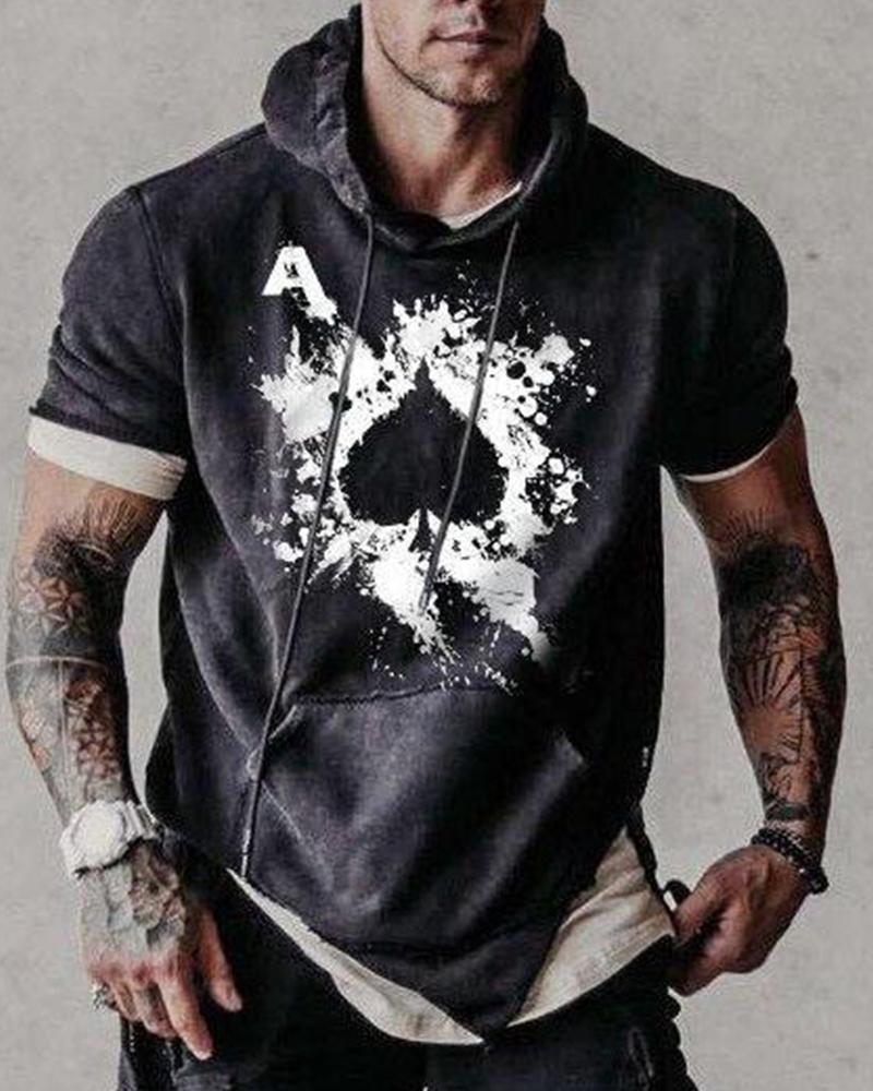 

Poker Print Short Sleeve Loose Hooded Sweatshirts, Black