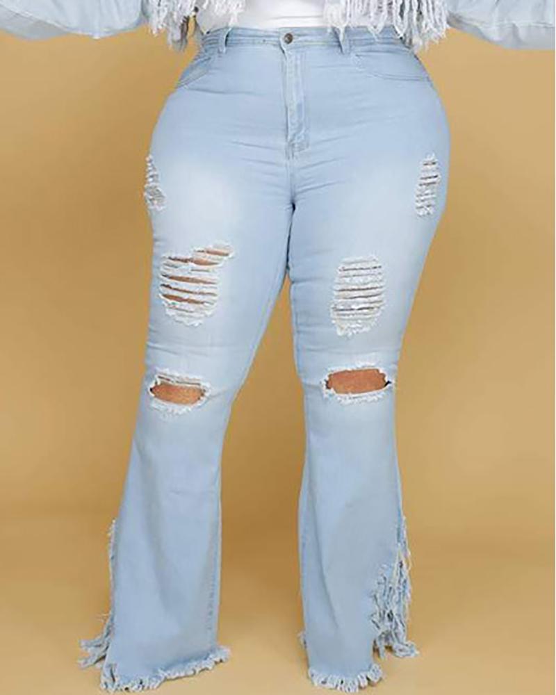 

Plus Size Ripped Fringe Hem Cutout Bootcut Jeans, Blue