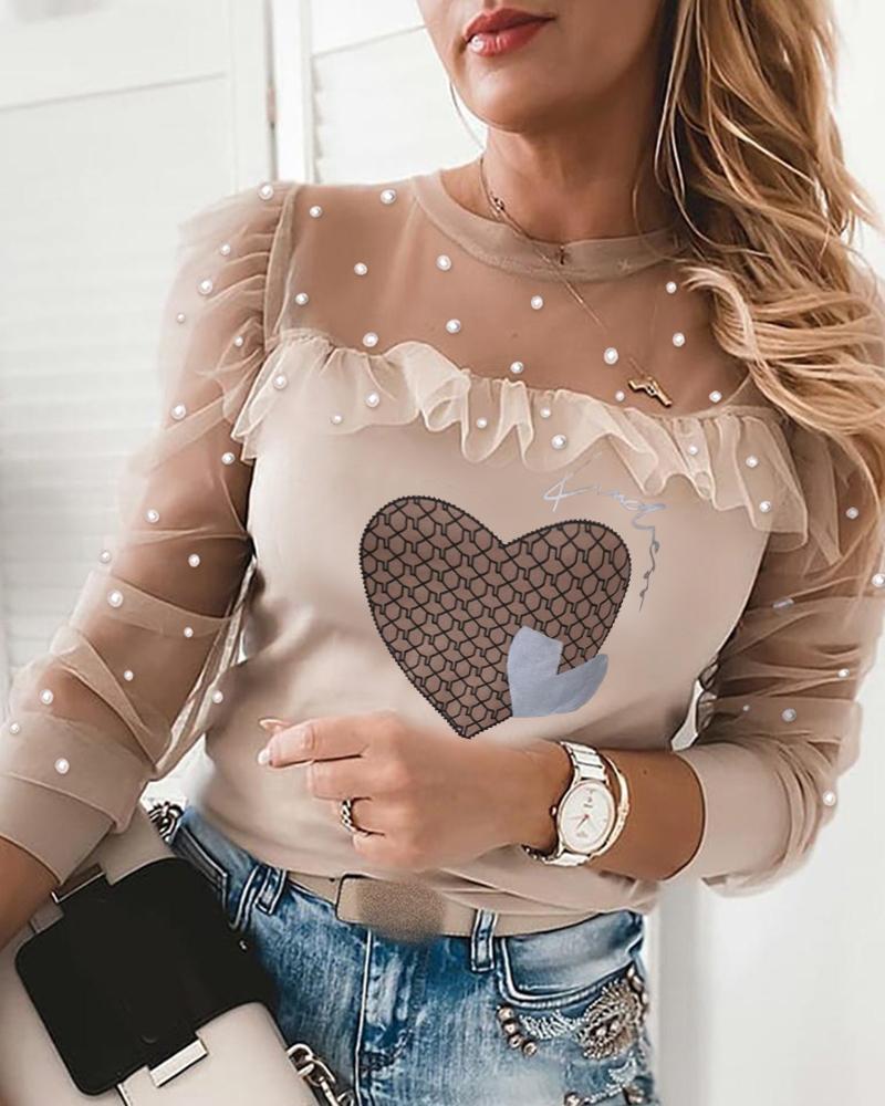 

Heart Print Beaded Contrast Mesh Puff Sleeve Top, Pink