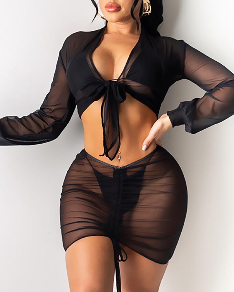 

4PCS Halter Bikini Set With Sheer Mesh Cover Up, Black