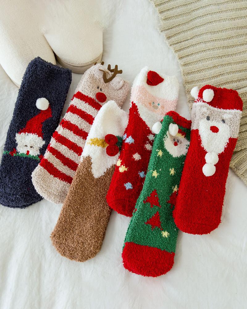 

1Pair Christmas Santa Colorblcok Fuzzy Thermal Socks, Style1