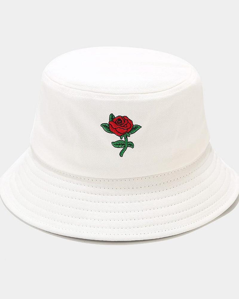 

Splicing Rose Embroidery Sun-protection Fisherman's Hat, White