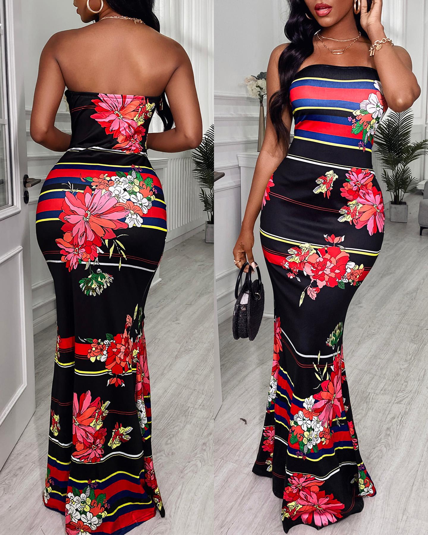 

Off Shoulder Colorblock Floral Print Maxi Dress, Black