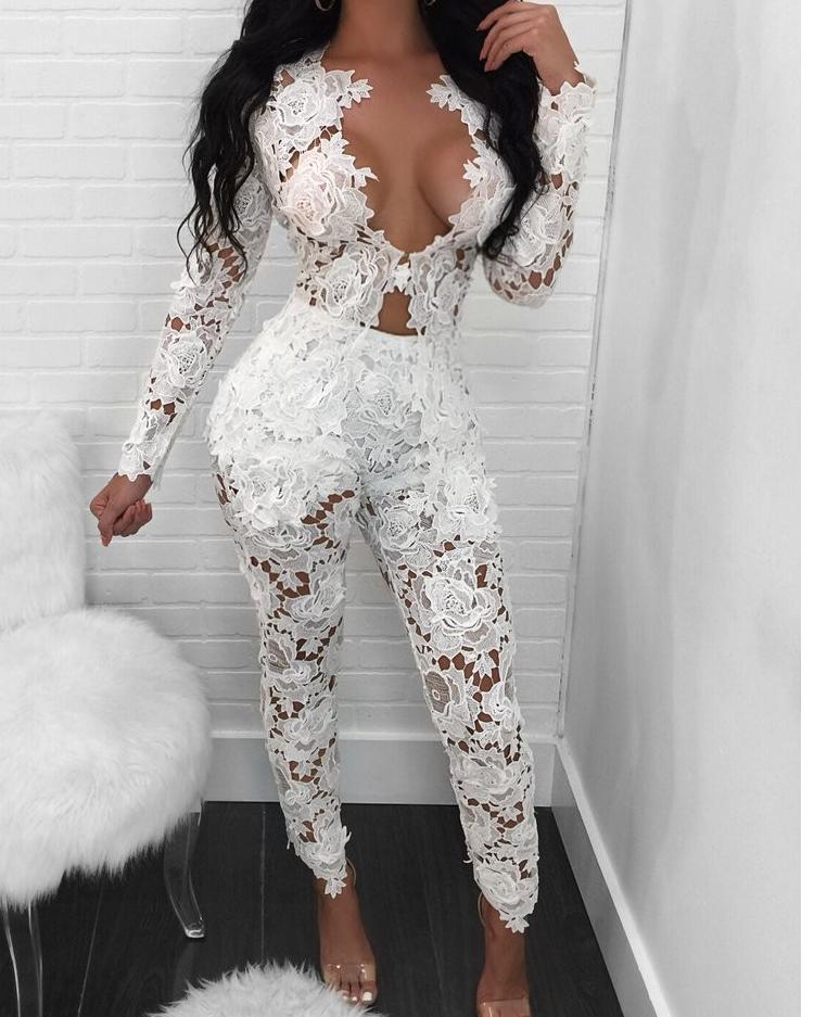 

Lace Crochet Open Front Blazer Pants Set, White