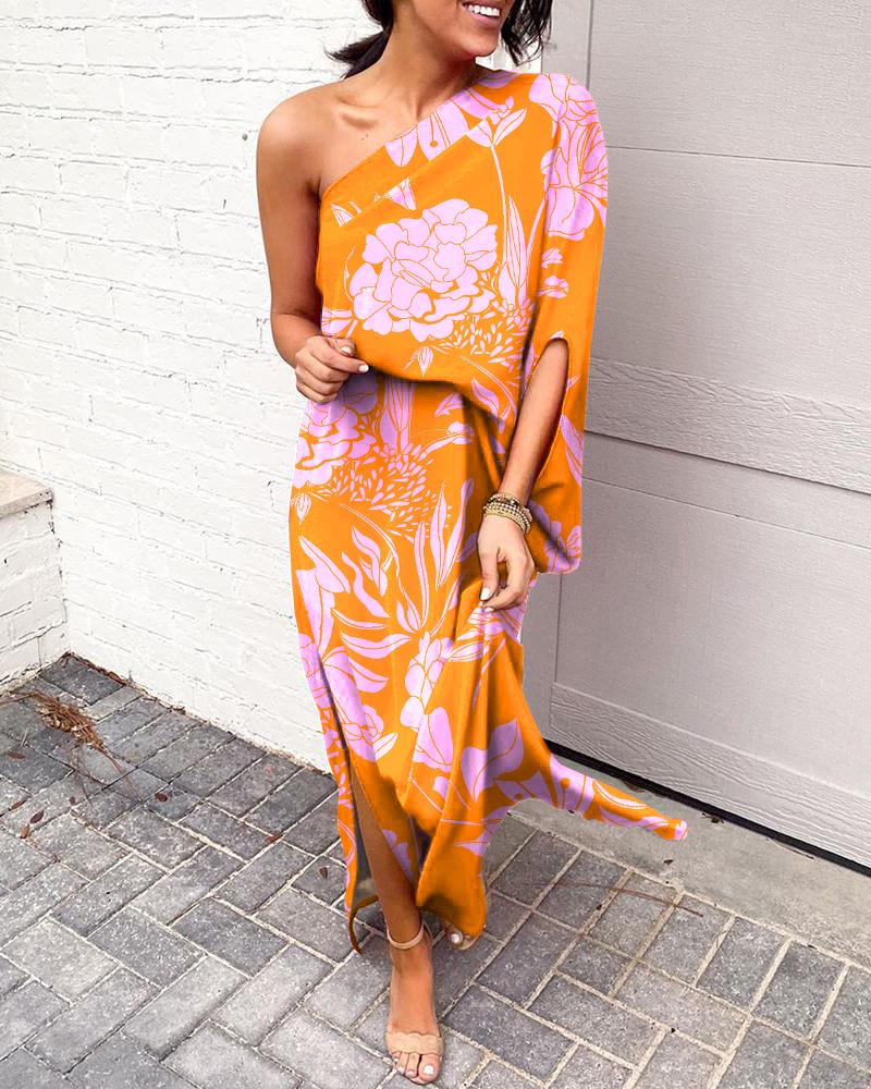 

One Shoulder Split Hem Plants Print Maxi Dress, Orange