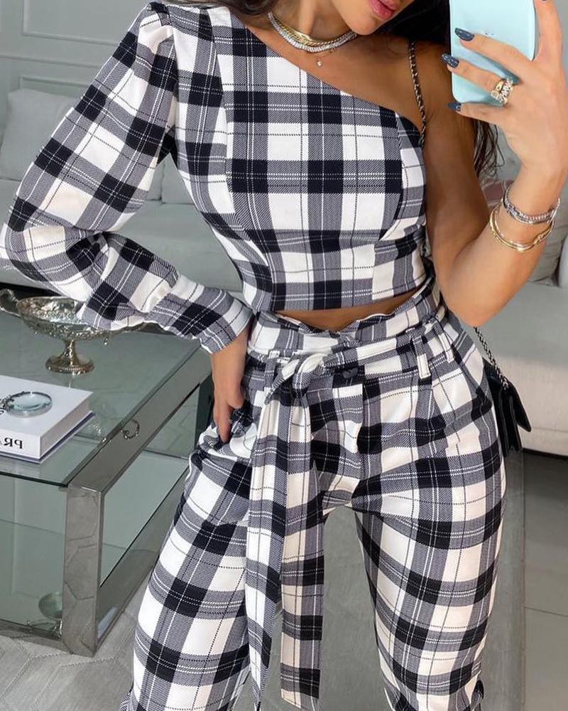

Plaid Print One Shoulder Top & High Waist Pants Set, White
