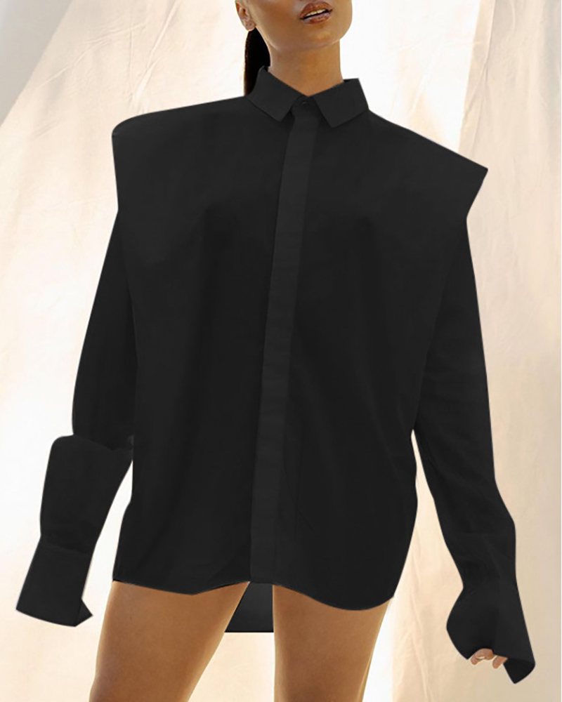 

Padded Shoulder Button Decor Casual Top, Black