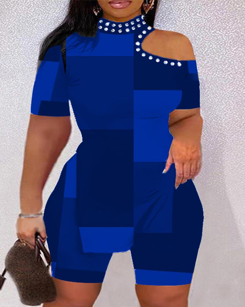 

Plus Size Geometric Print Cold Shoulder Top & Shorts Set, Blue