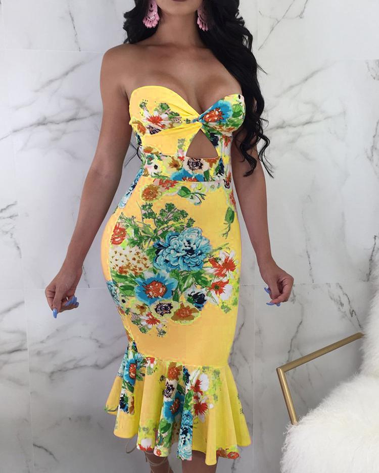 

Floral Cutout Twist Front Ruffle Hem Midi Dress, Yellow