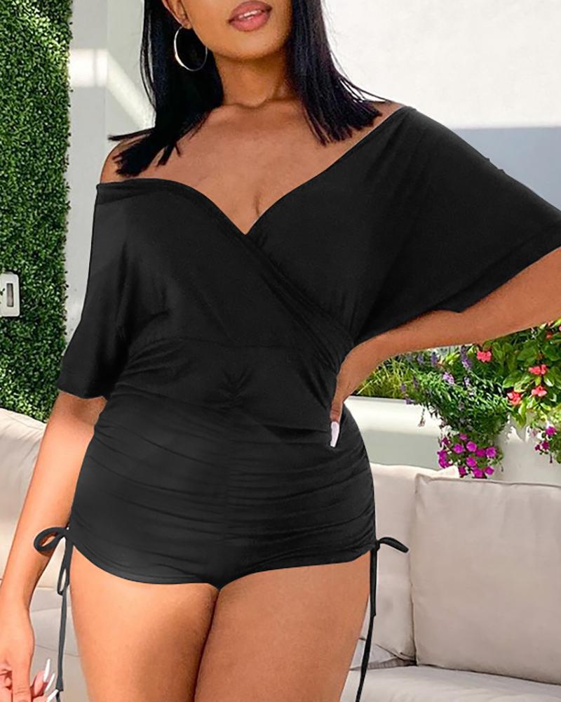 

Drawstring Ruched Batwing Sleeve Wrap Romper, Black
