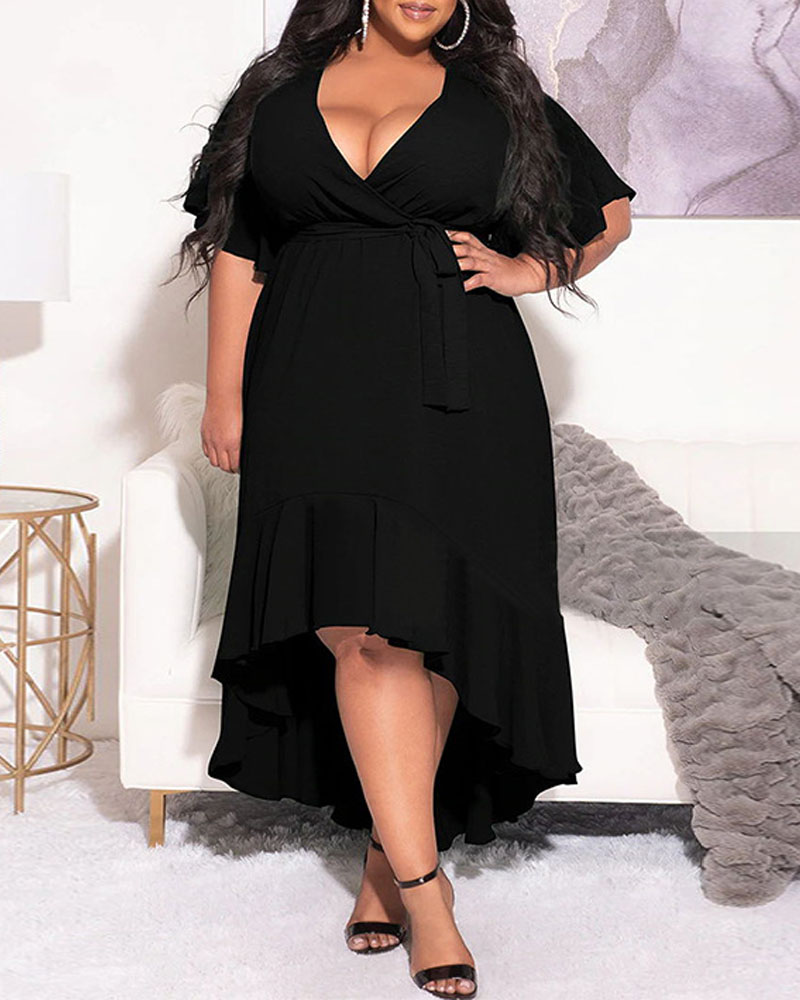 

Plus Size Asymmetrical Ruffle Hem Belted Wrap Dress, Black