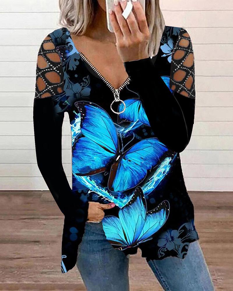 

Cutout Rhinestone Butterfly Floral Print Zipper Design Top, Blue