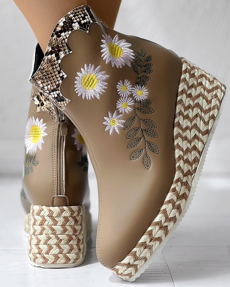 

Snakeskin Pattern Daisy Floral Embroidery Sequin Espadrilles Platform Ankle Boots, Khaki