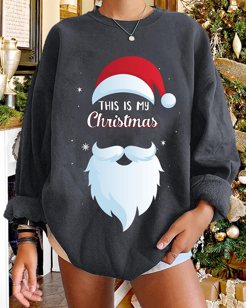 

Christmas Santa Pattern Letter Print Long Sleeve Sweatshirt, Gray