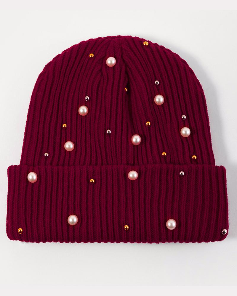 

Beaded Thermal Knit Bennie Hat, Wine red