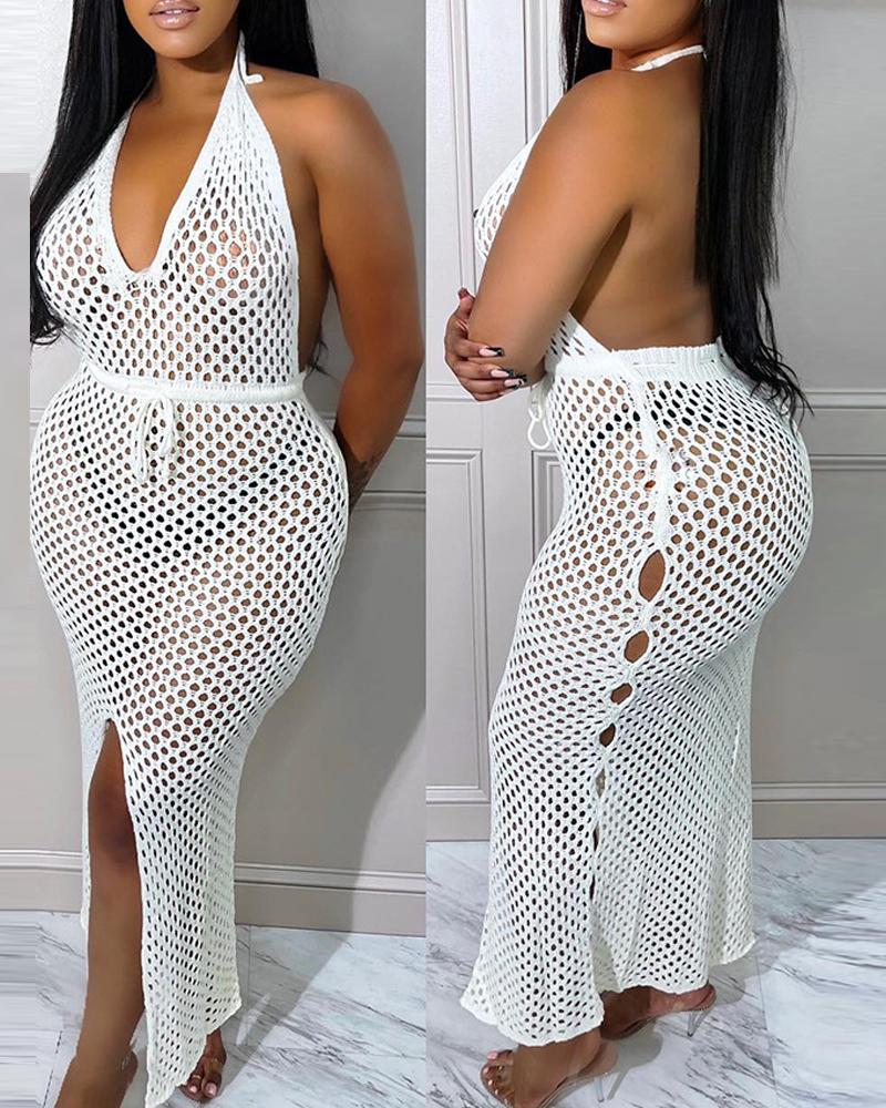 

Halter Backless Hollow Out Cover Up Beach Dress, White
