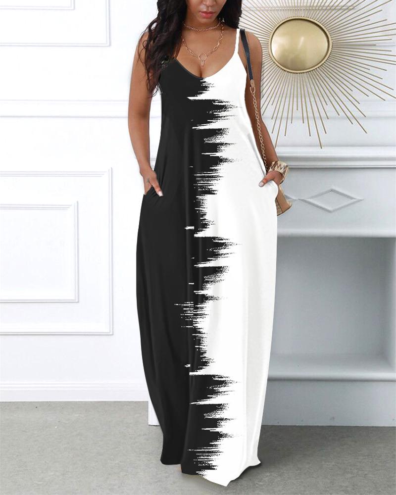 

Colorblock Pocket Design Spaghetti Strap Maxi Dress, Blackwhite