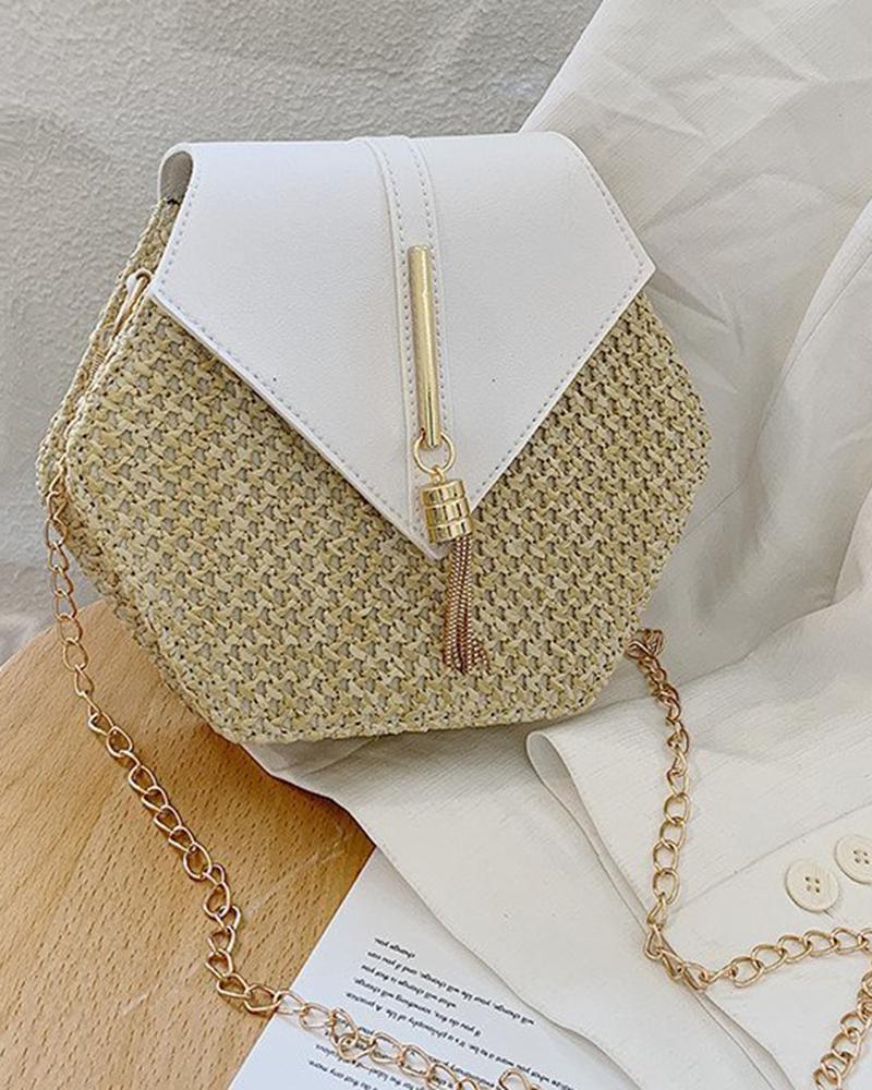 

Colorblock Tassel Design Hexagonal Shaped Straw Shoulder Bag, White