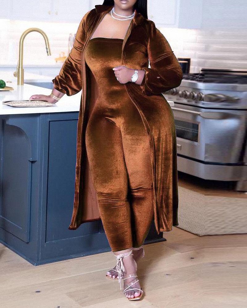 

Velvet Bandeau Jumpsuit With Longline Coat, Brown