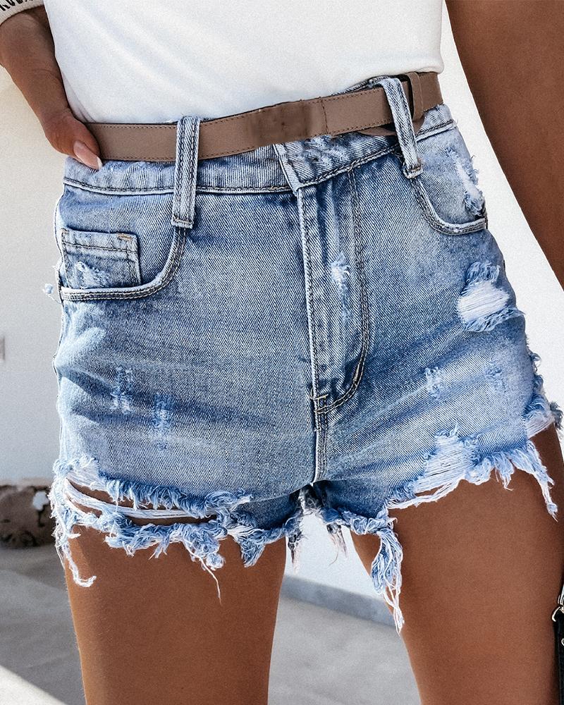 

Solid Skinny Ripped Cut-out Denim Shorts, Blue
