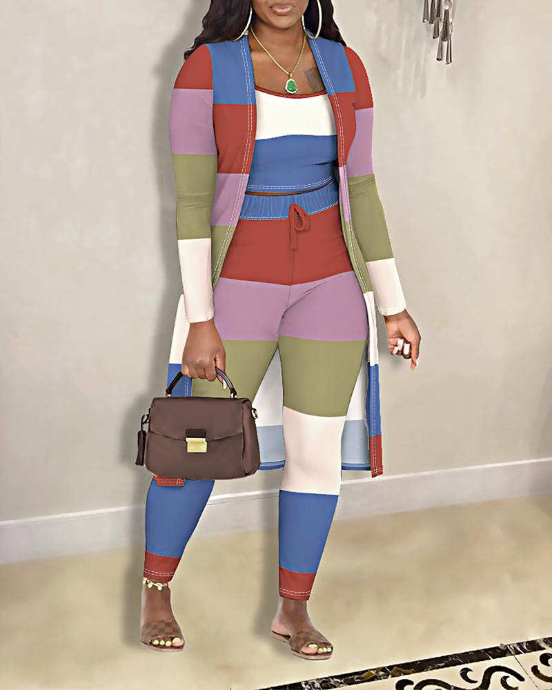 

Plus Size Striped Colorblock Cami Top & Pants Set With Coat, Multicolor