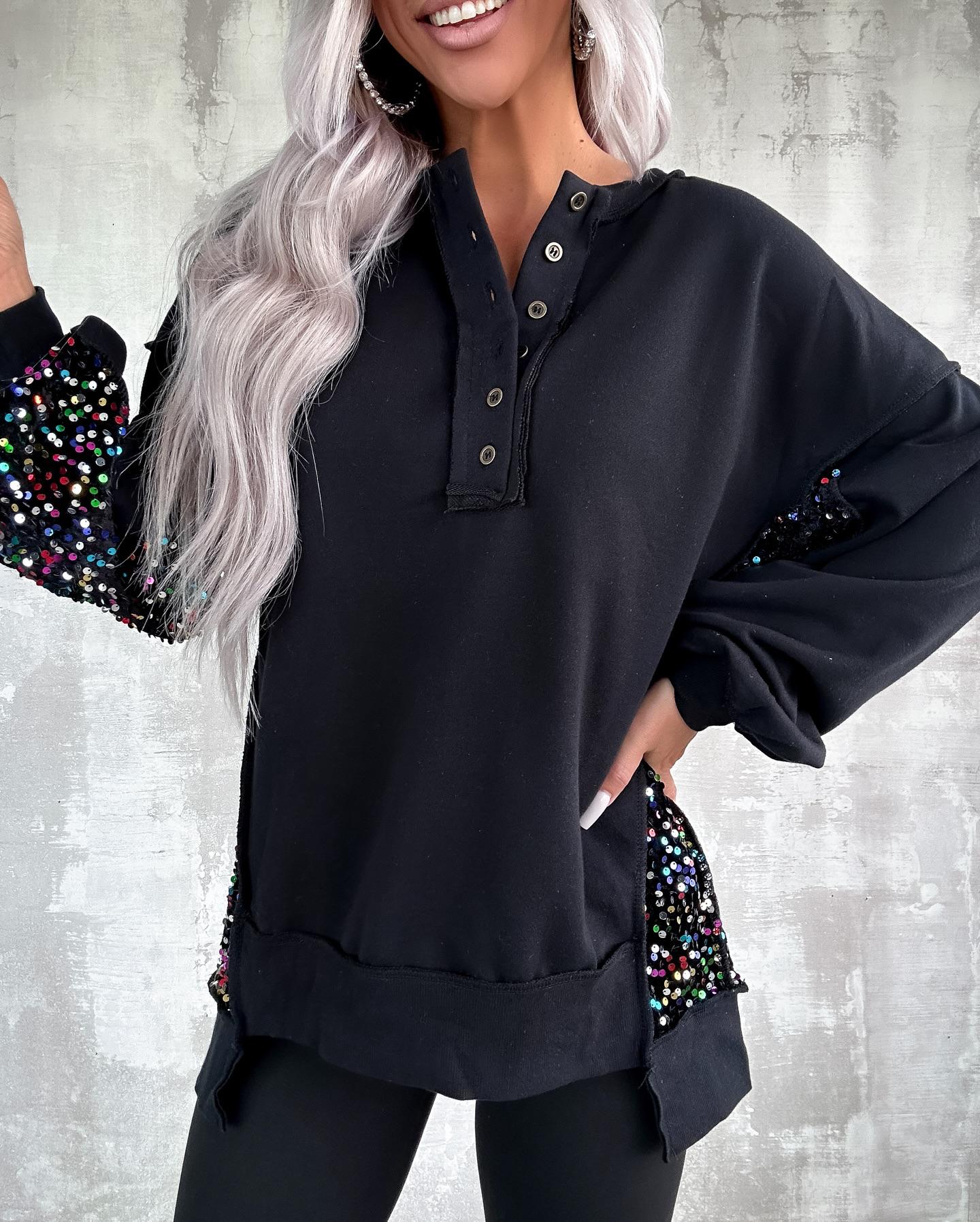 

Round Neck Button Design Long Sleeve Sweatshirt Contrast Sequin Casual Pullover Top, Black