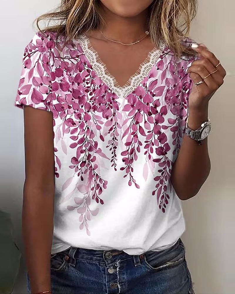 

Plants Print Lace Trim Casual T-shirt, Hot pink