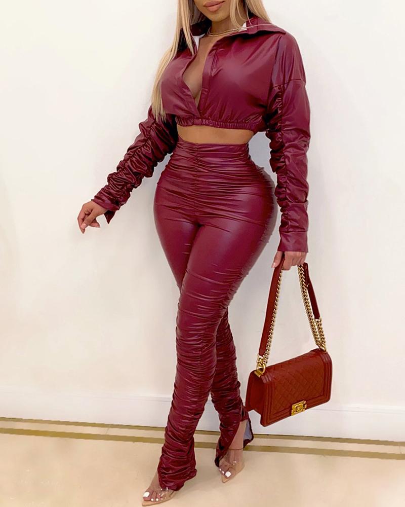 

PU Leather Ruched Top & High Waist Pants Set, Wine red