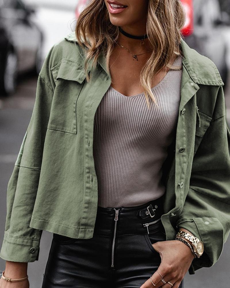 

Long Sleeve Buttoned Pocket Design Drawstring Coat, Green