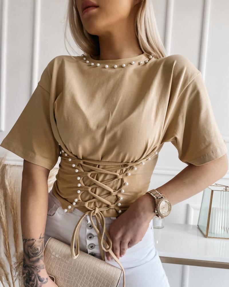 

Beaded Lace-up Short Sleeve Top, Apricot