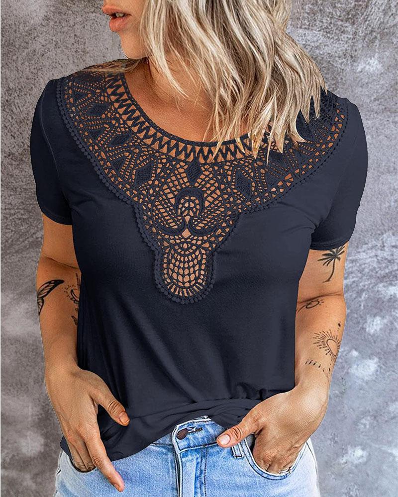 

Guipure Lace Patch Short Sleeve T-shirt, Black