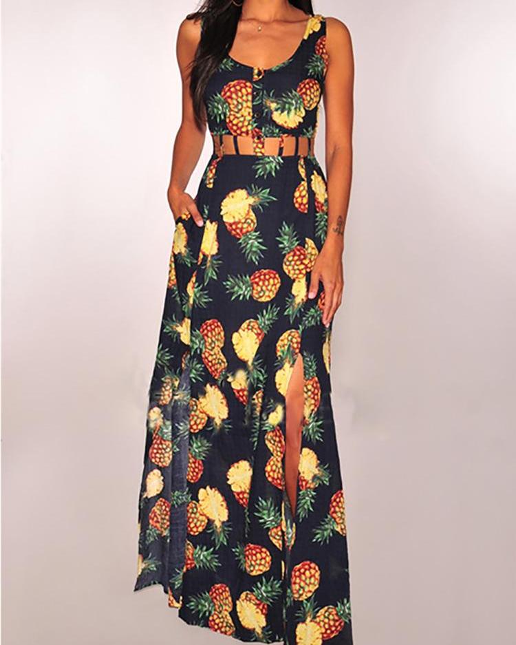 Pineapple Print Hollow Out Waist Slit Maxi Dress