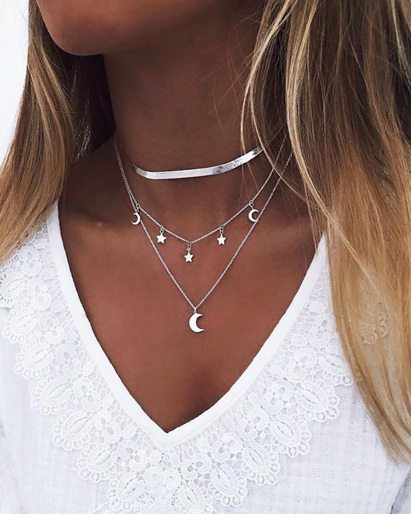 

Multi Layered Moon Star Pendant Chain Necklace, Silver