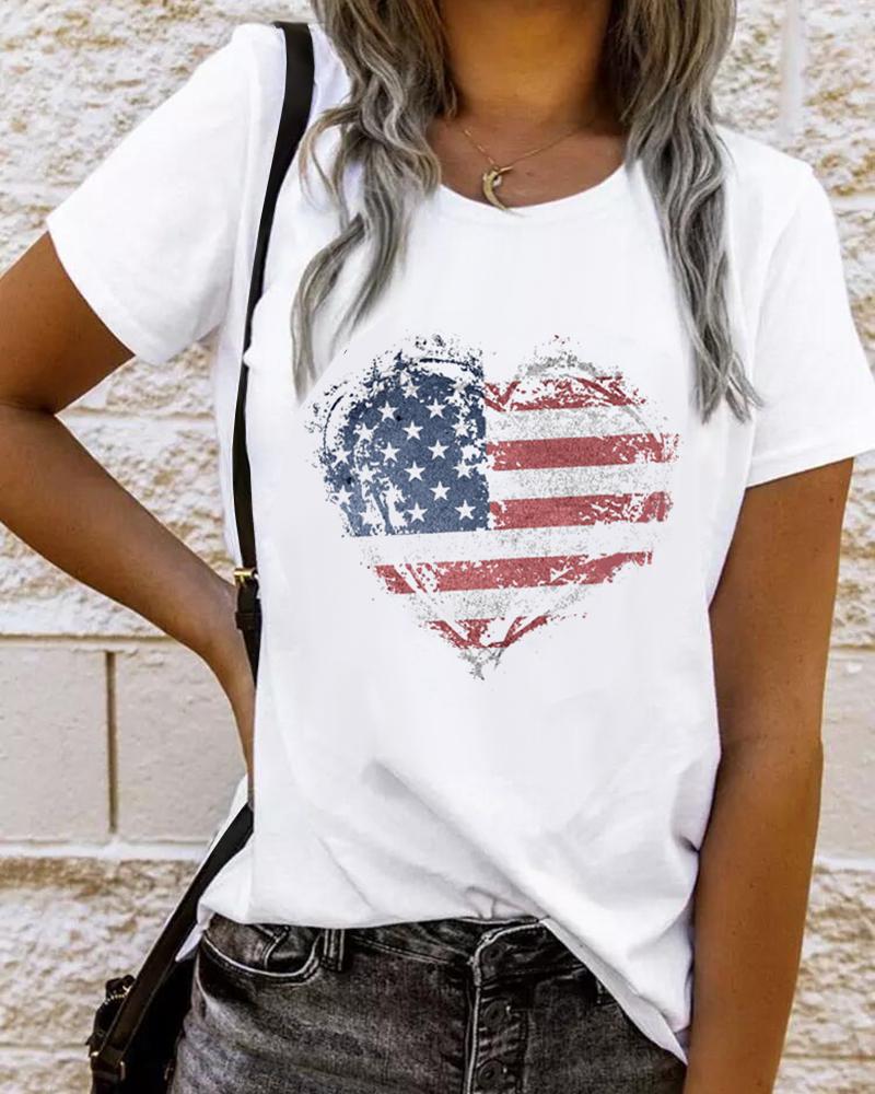 

Independence Day Flag Heart Print Casual T-shirt, White