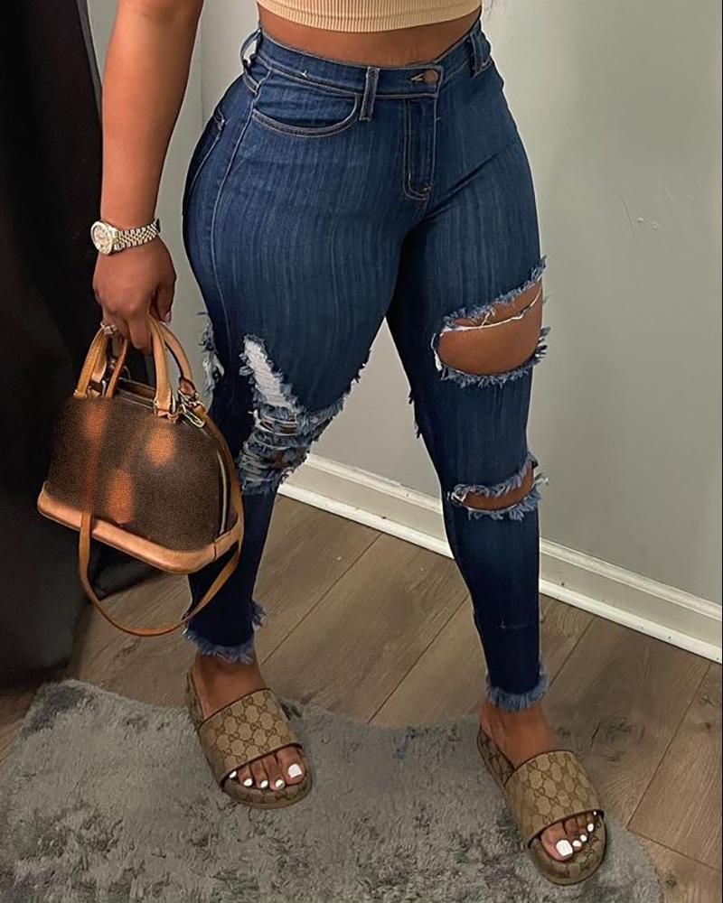

Single Button Fringe Hem Ripped Cutout Jeans, Blue