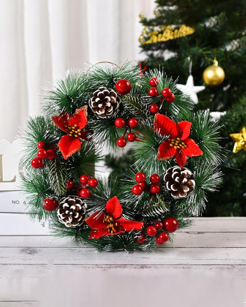 

Christmas Artificial Flower Wreath With Pine Needles & Snowflake For Front Door Christmas Party Wall Window Decoration, Style2