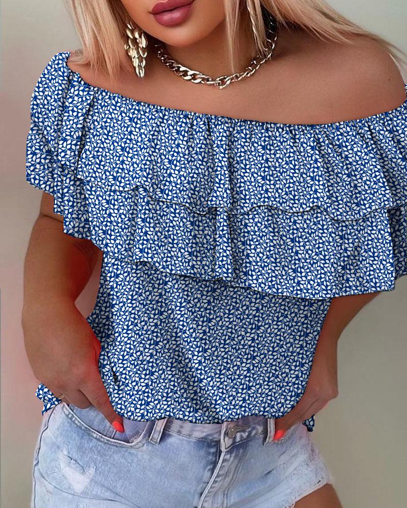 

Plant Print Off Shoulder Ruffle Hem Top, Blue