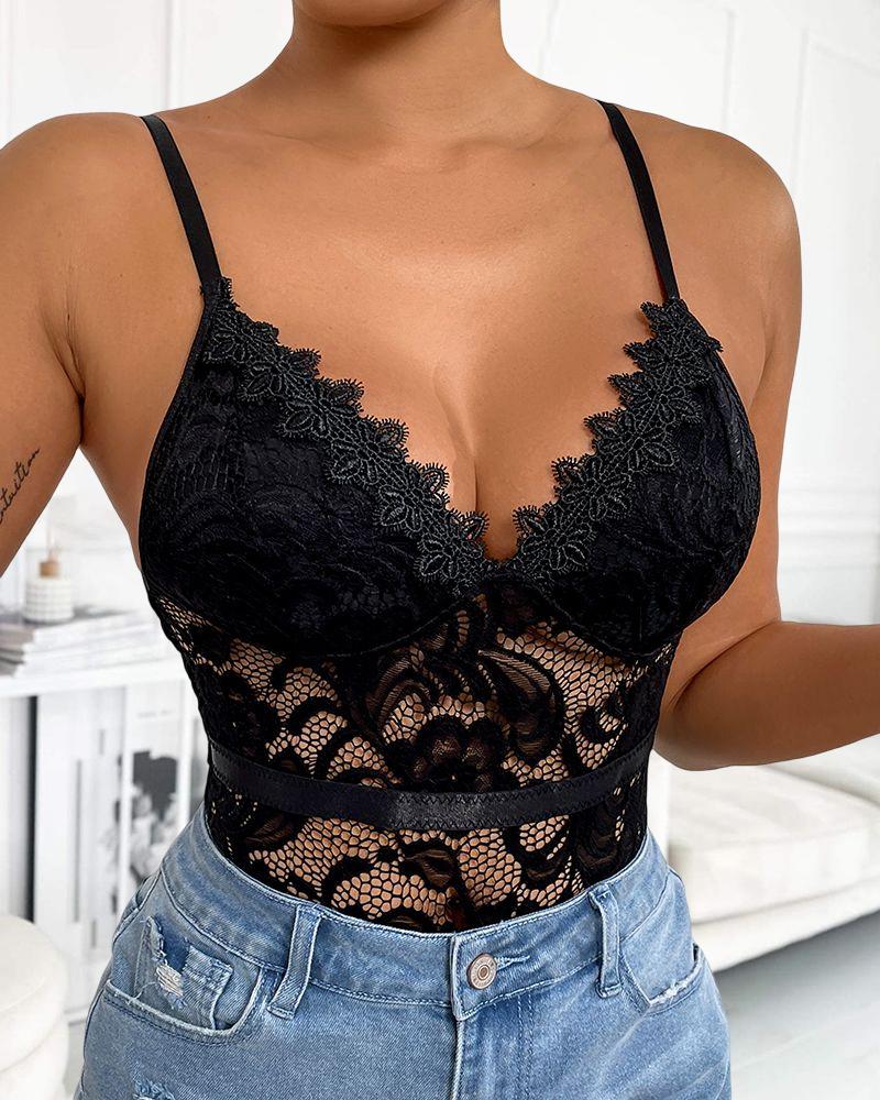 

Crochet Guipure Lace Spaghetti Strap Bodysuit, Black