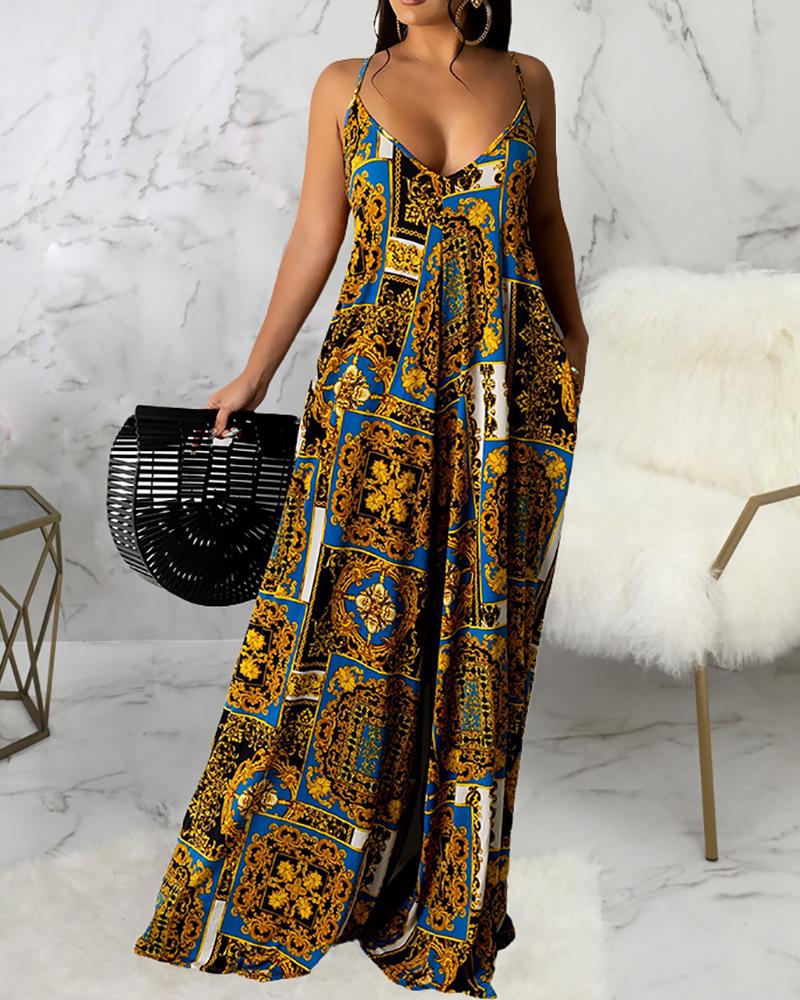 

Scarf Print Ruched Sleeveless Maxi Dress, Black