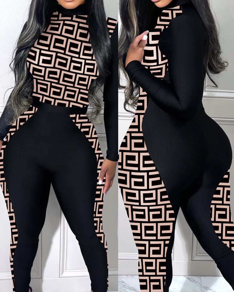 

Plus Size Geometric Print Long Sleeve Jumpsuit, Black