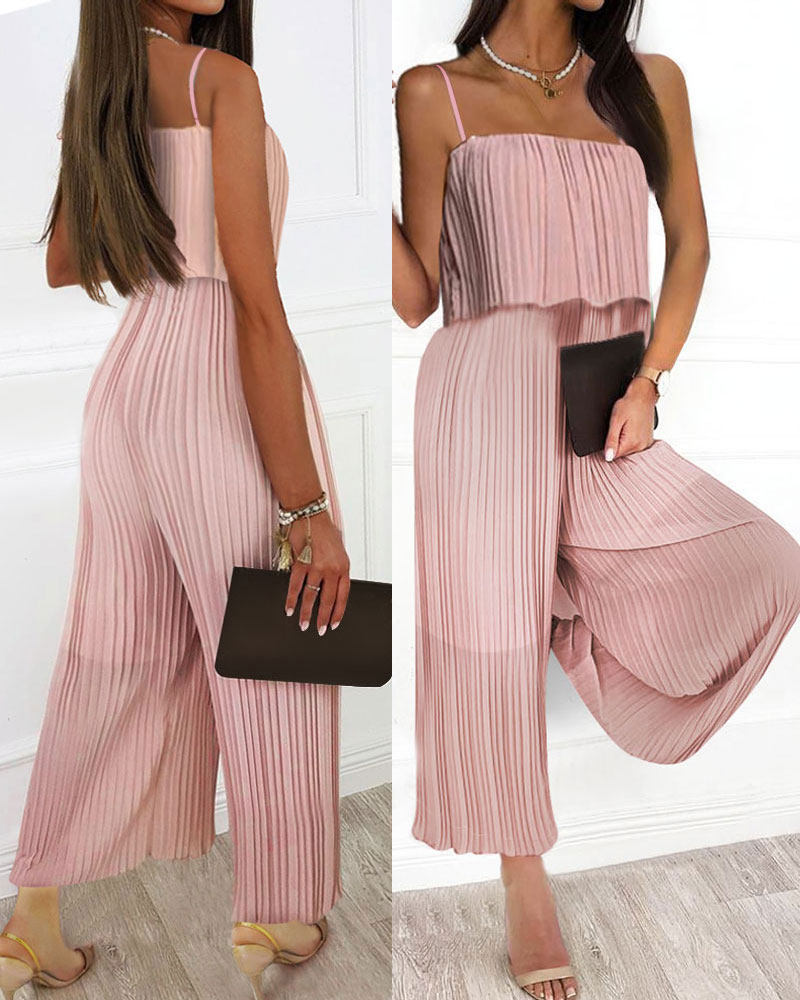 

Spaghetti Strap Ruffle Hem Pleated Wide Leg Jumpsuit, Pink