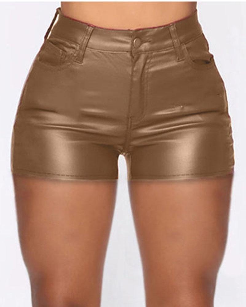 

Zip Fly PU Leather High Waist Shorts, Brown