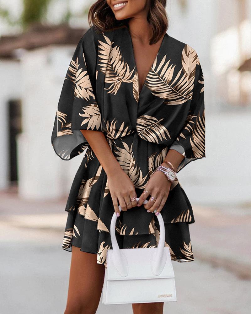 

Tropical Print Twist Design Casual Dress, Black
