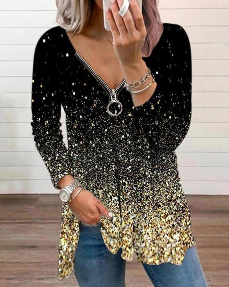 

Zip Front Long Sleeve Print Top, Black